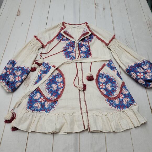 Lace the label linen paisley floral embroidered mini dress bishop sleeve boho - Picture 2 of 11